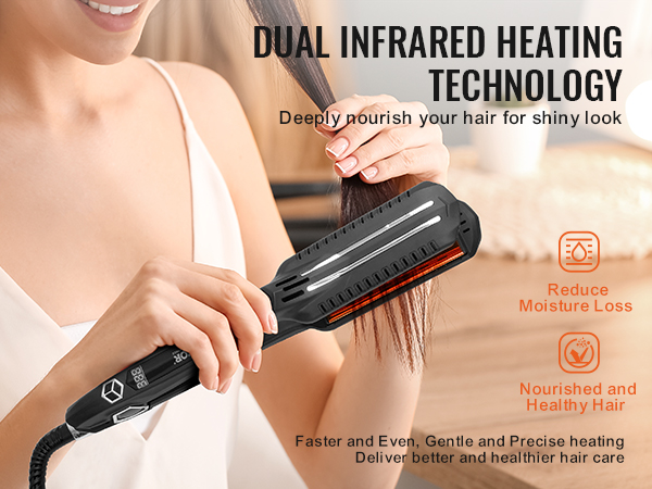 woman using VEVOR hair straightener with dual infrared heating technology for smooth, shiny hair.