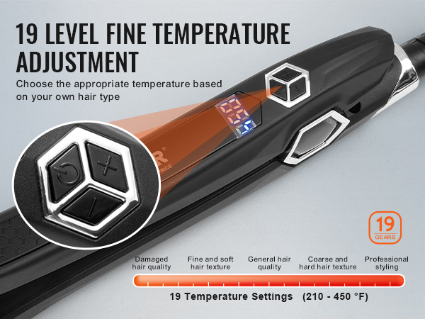 VEVOR hair straightener with 19 temperature levels, digital display, and custom settings for all hair types.