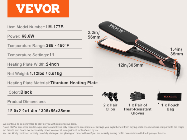 VEVOR hair straightener lm-177b, 68.6w, titanium heating plate, 2-inch width, 265-450°f range, black.