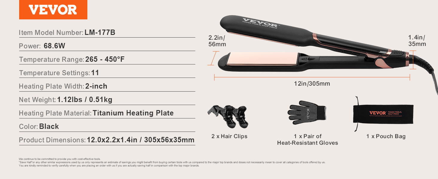 VEVOR hair straightener lm-177b, 68.6w, titanium heating plate, 2-inch width, 265-450°f range, black.