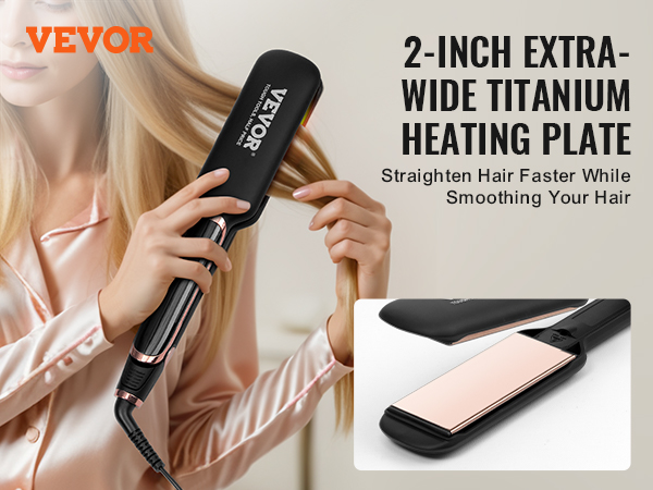 VEVOR hair straightener with 2-inch extra-wide titanium heating plate for faster hair straightening.
