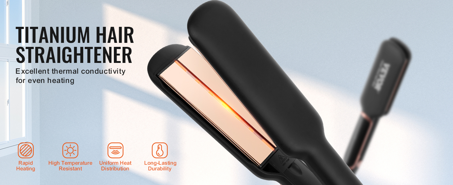 titanium hair straightener with rapid heating, high temperature resistance, and long-lasting durability.