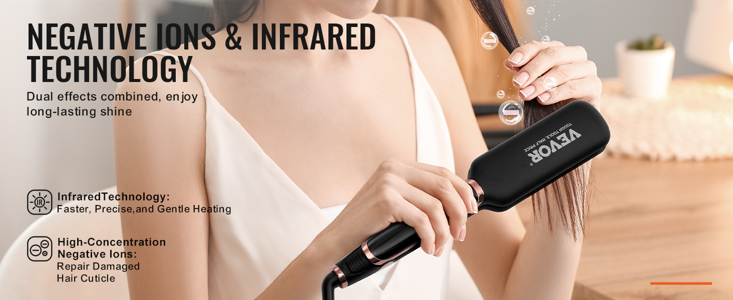 VEVOR hair straightener with negative ions and infrared technology for shiny, smooth hair.