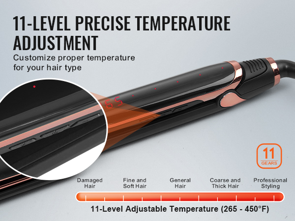 VEVOR hair straightener with 11-level temperature adjustment and digital display for precise styling.