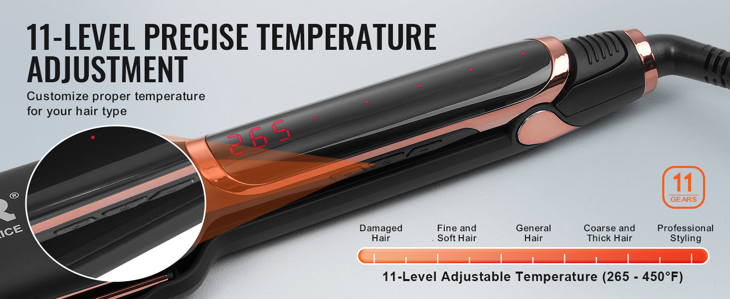 VEVOR hair straightener with 11-level temperature adjustment and digital display for precise styling.