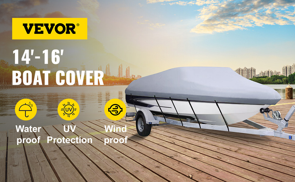 VEVOR waterproof boat cover on a trailer by a lakeside dock under a blue sky.