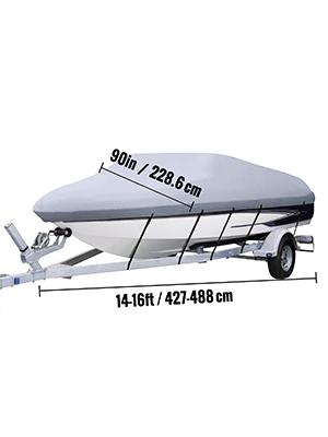 VEVOR waterproof boat cover fits 14-16ft boats, 90in wide, secured on a trailer.