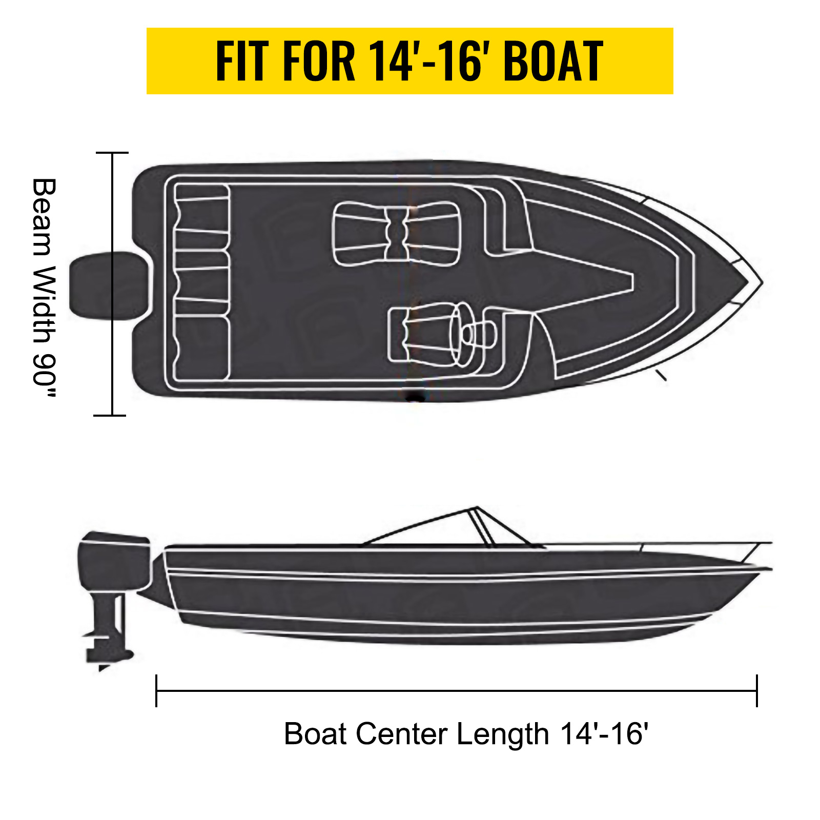 VEVOR waterproof boat cover, fit for 14'-16' boat, beam width 90 inches.