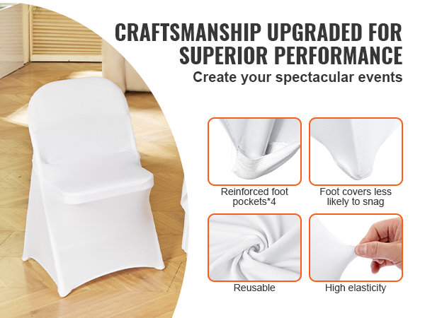 VEVOR chair covers featuring reinforced foot pockets, high elasticity, and reusable fabric for events.