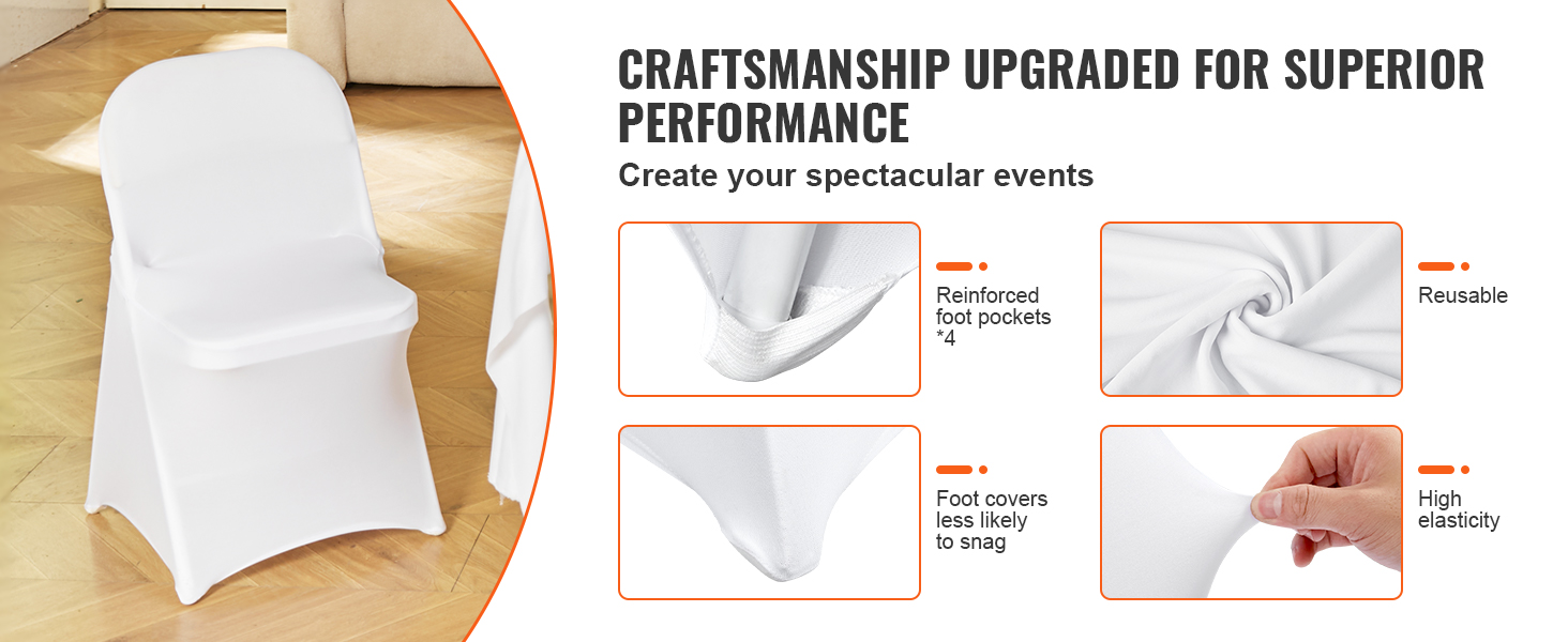 VEVOR chair covers featuring reinforced foot pockets, high elasticity, and reusable fabric for events.