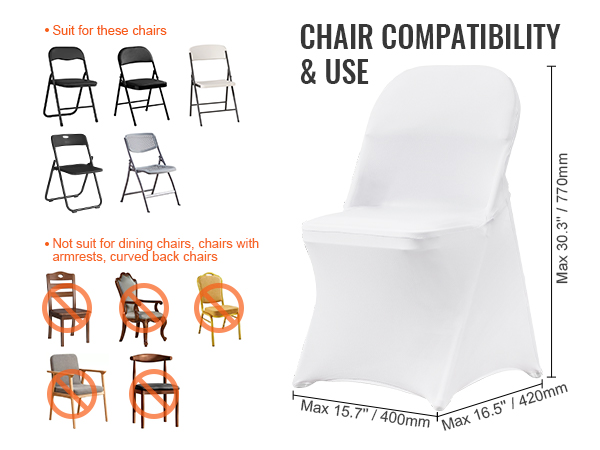 VEVOR chair covers compatibility: fits folding chairs, not dining chairs, armrest chairs, or curved backs.