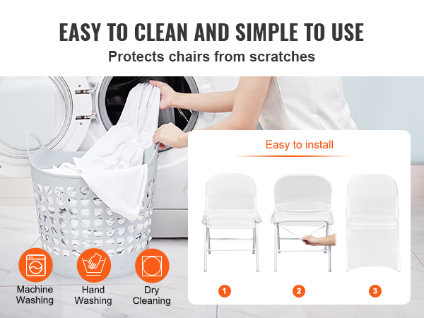 VEVOR chair covers shown with simple installation steps and washing options: machine, hand, or dry clean.