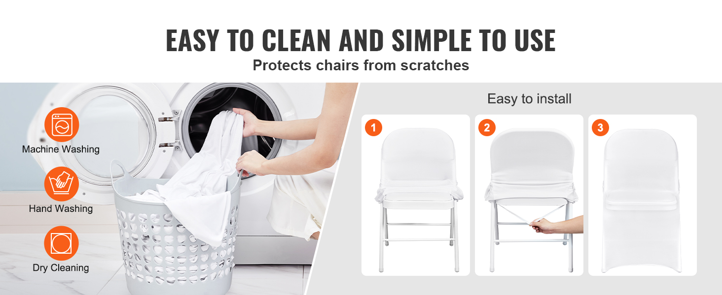 VEVOR chair covers shown with simple installation steps and washing options: machine, hand, or dry clean.