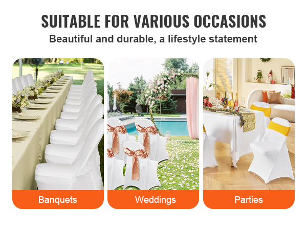 VEVOR chair covers for banquets, weddings, and parties, suitable for various occasions, beautiful and durable.