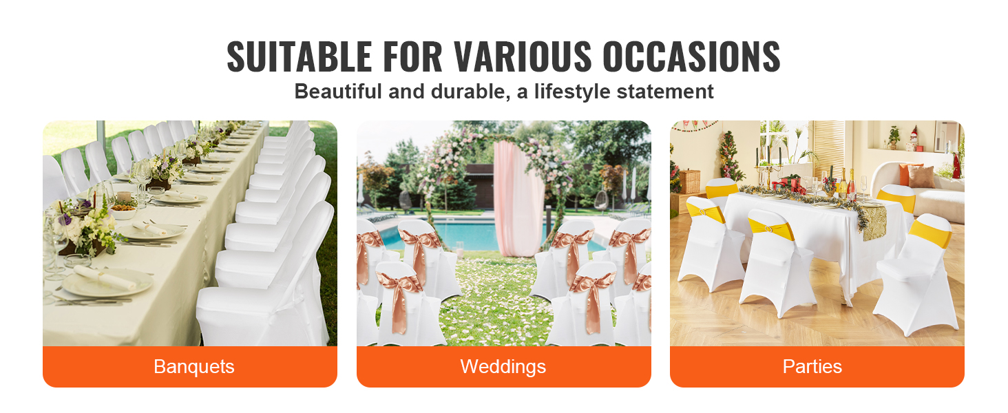 VEVOR chair covers for banquets, weddings, and parties, suitable for various occasions, beautiful and durable.