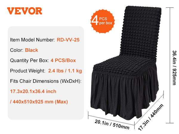 black VEVOR stretch spandex chair covers, 4 pcs per box, fits chair size up to 17.3x20.1x36.4 inches.