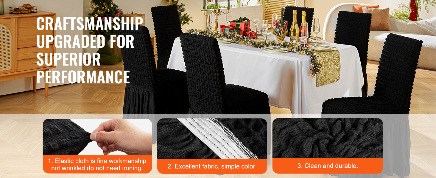 VEVOR stretch spandex chair covers on black chairs around a decorated dining table for the holiday season.