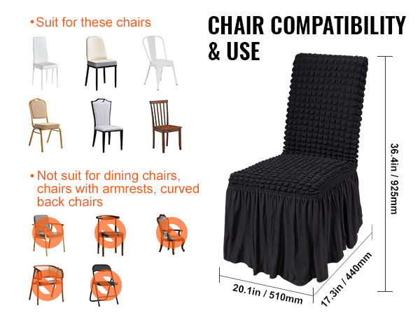 VEVOR stretch spandex chair covers compatibility guide: suitable for armless chairs, not for armrests or curved back chairs.