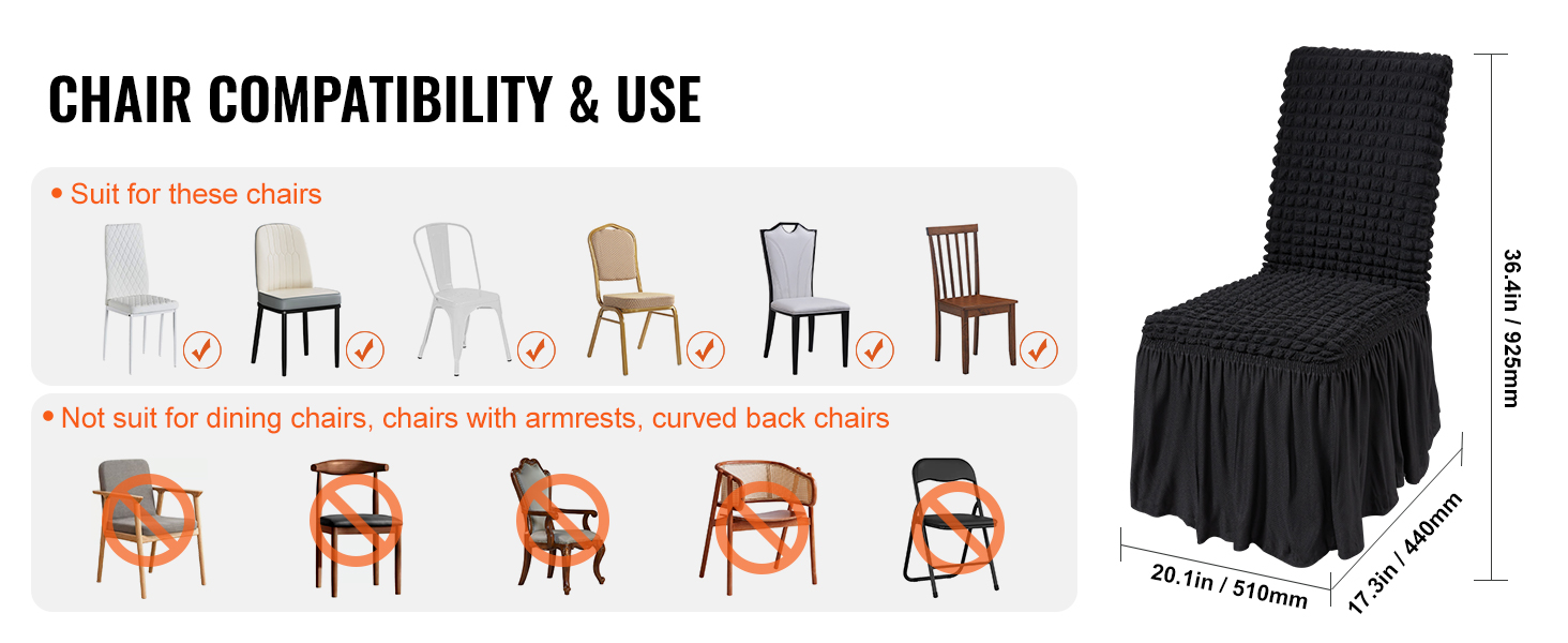 VEVOR stretch spandex chair covers compatibility guide: suitable for armless chairs, not for armrests or curved back chairs.