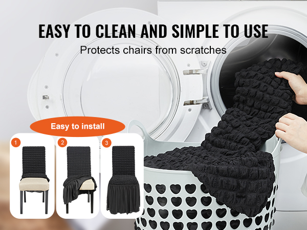 VEVOR stretch spandex chair covers, easy to install, machine washable, protects chairs from scratches.