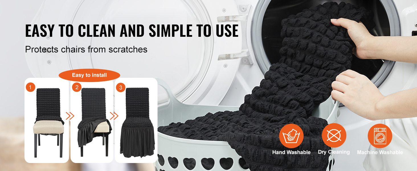 VEVOR stretch spandex chair covers, easy to install, machine washable, protects chairs from scratches.