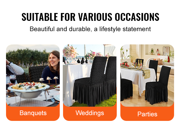 VEVOR stretch spandex chair covers in black, ideal for banquets, weddings, and parties.