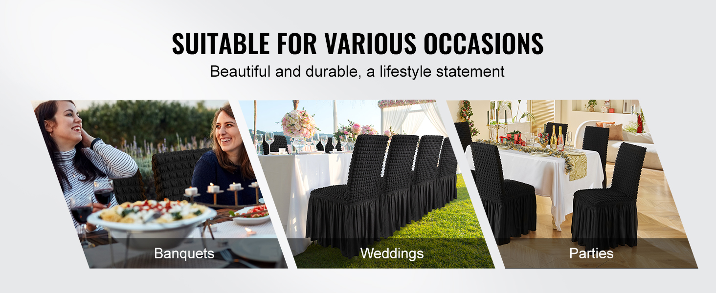 VEVOR stretch spandex chair covers in black, ideal for banquets, weddings, and parties.