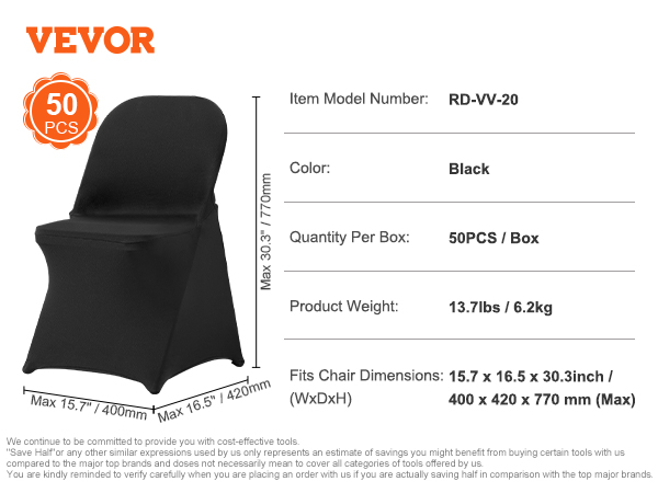 black VEVOR chair covers, pack of 50, fits chairs 15.7x16.5x30.3 inches, 13.7lbs per box