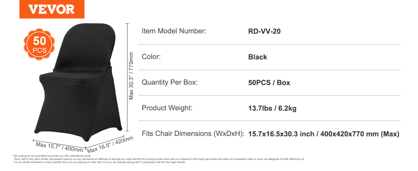 black VEVOR chair covers, pack of 50, fits chairs 15.7x16.5x30.3 inches, 13.7lbs per box