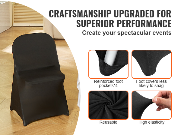 black VEVOR chair covers with reinforced foot pockets, high elasticity, reusable material for events.