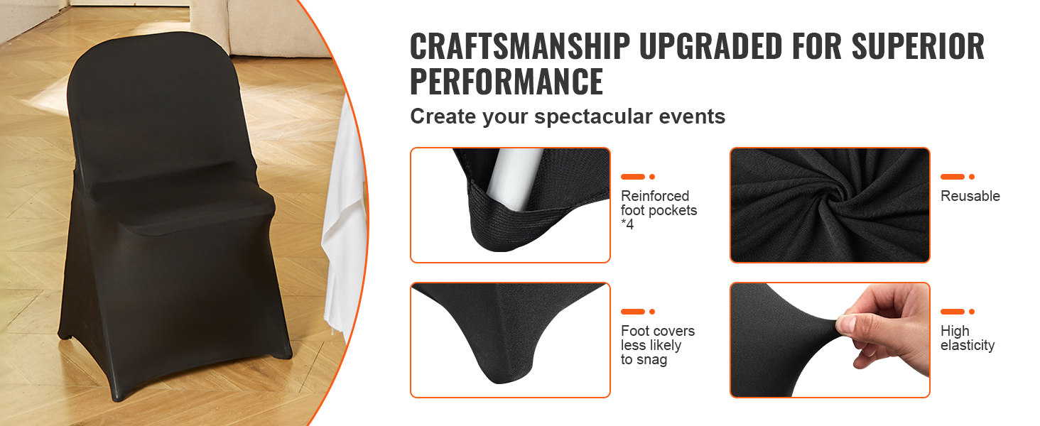 black VEVOR chair covers with reinforced foot pockets, high elasticity, reusable material for events.