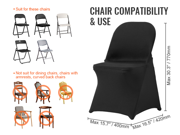 suitable chairs for VEVOR chair covers, not for dining chairs, armrest chairs, or curved back chairs.