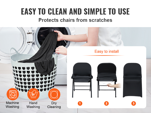 easy cleaning options for VEVOR chair covers: machine washing, hand washing, or dry cleaning, with installation steps.