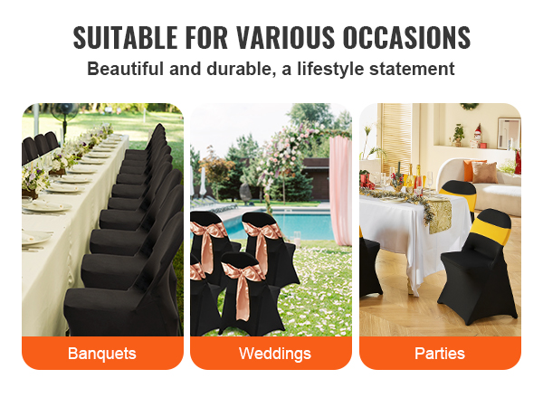 VEVOR chair covers for banquets, weddings, and parties, offering elegance and durability.