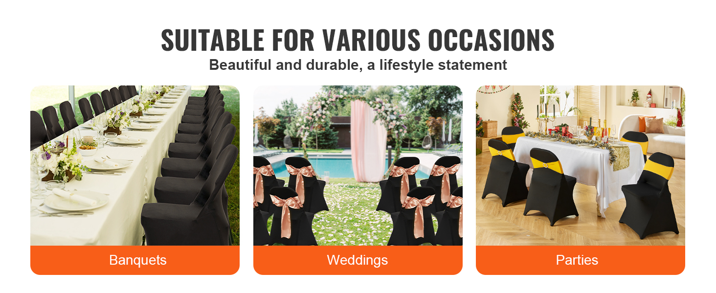 VEVOR chair covers for banquets, weddings, and parties, offering elegance and durability.