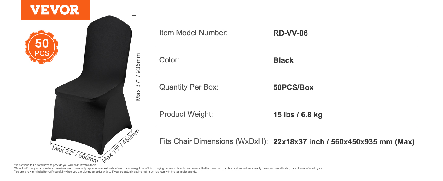 VEVOR chair covers, 50pcs, black, rd-vv-06, fits 22x18x37 inch chairs, 15 lbs per box.