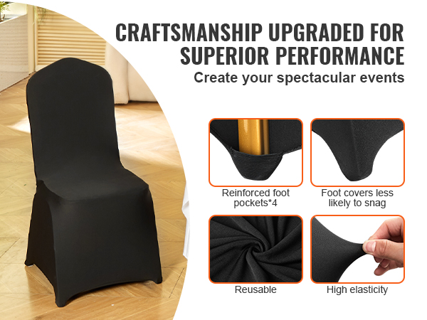 black VEVOR chair covers showcasing reinforced foot pockets, reusable fabric, and high elasticity features.