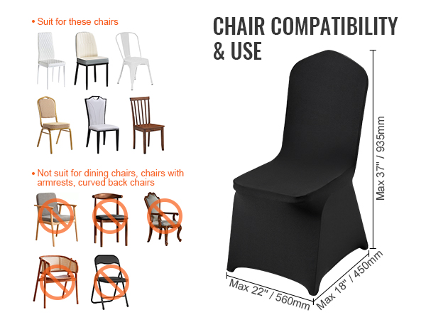 VEVOR chair covers compatibility guide showing suitable and unsuitable chair types with dimensions.