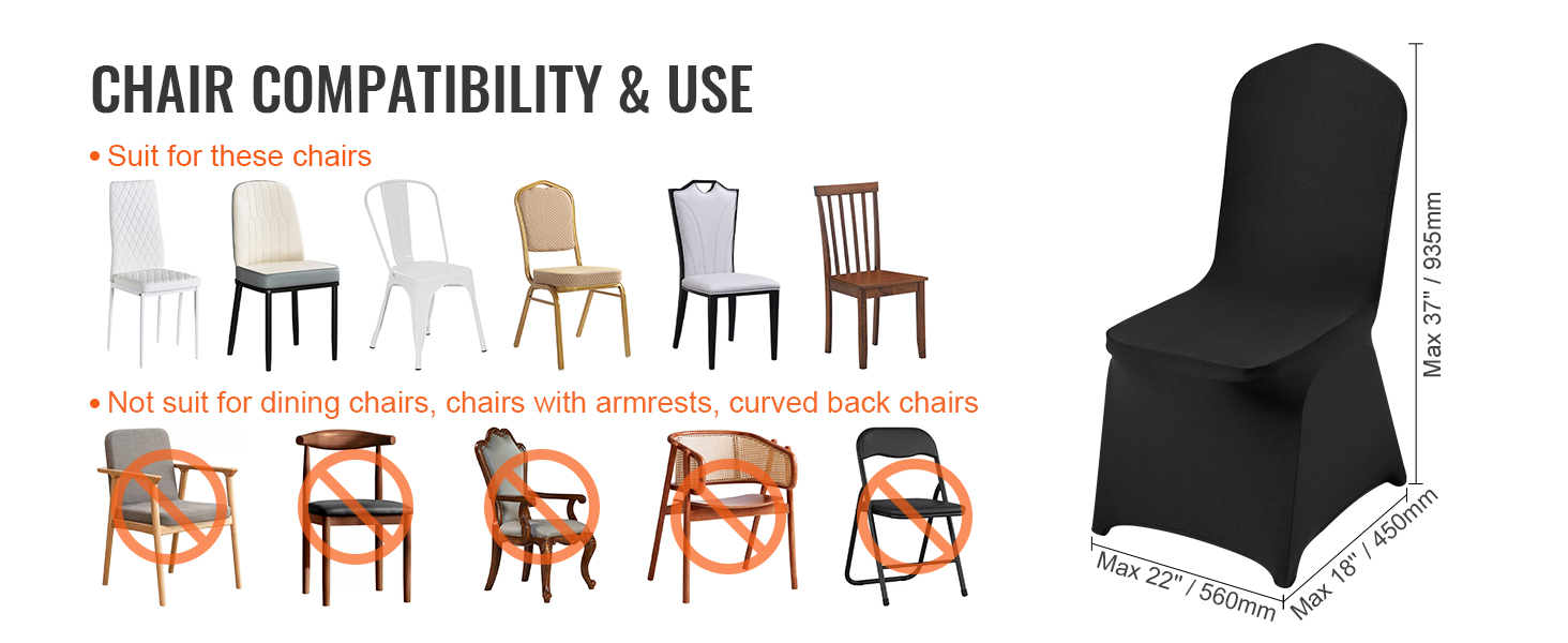 VEVOR chair covers compatibility guide showing suitable and unsuitable chair types with dimensions.