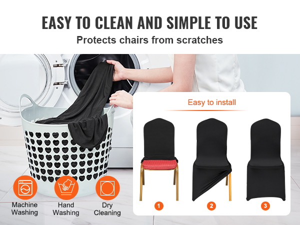 easy maintenance and installation of VEVOR chair covers, with options for machine washing and hand washing.