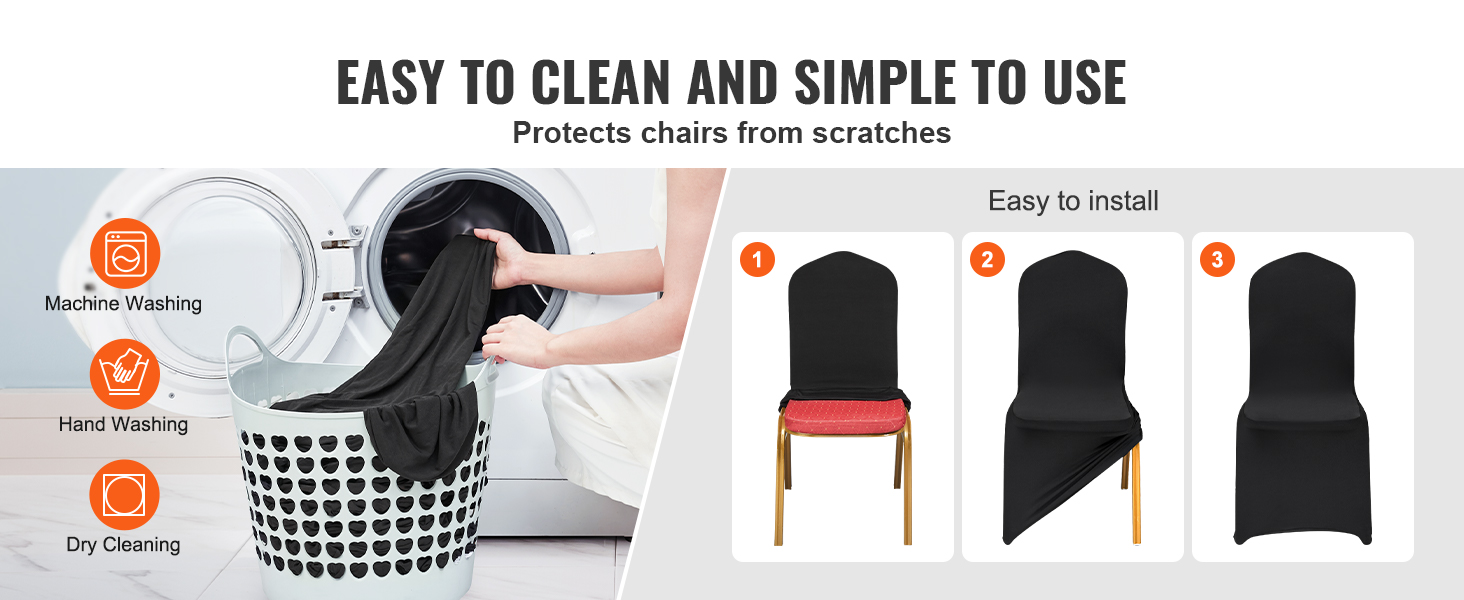 easy maintenance and installation of VEVOR chair covers, with options for machine washing and hand washing.
