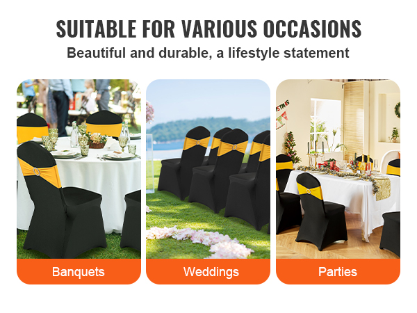 black chairs with yellow sashes by a wedding aisle, banquet table, and party setup. VEVOR chair covers.