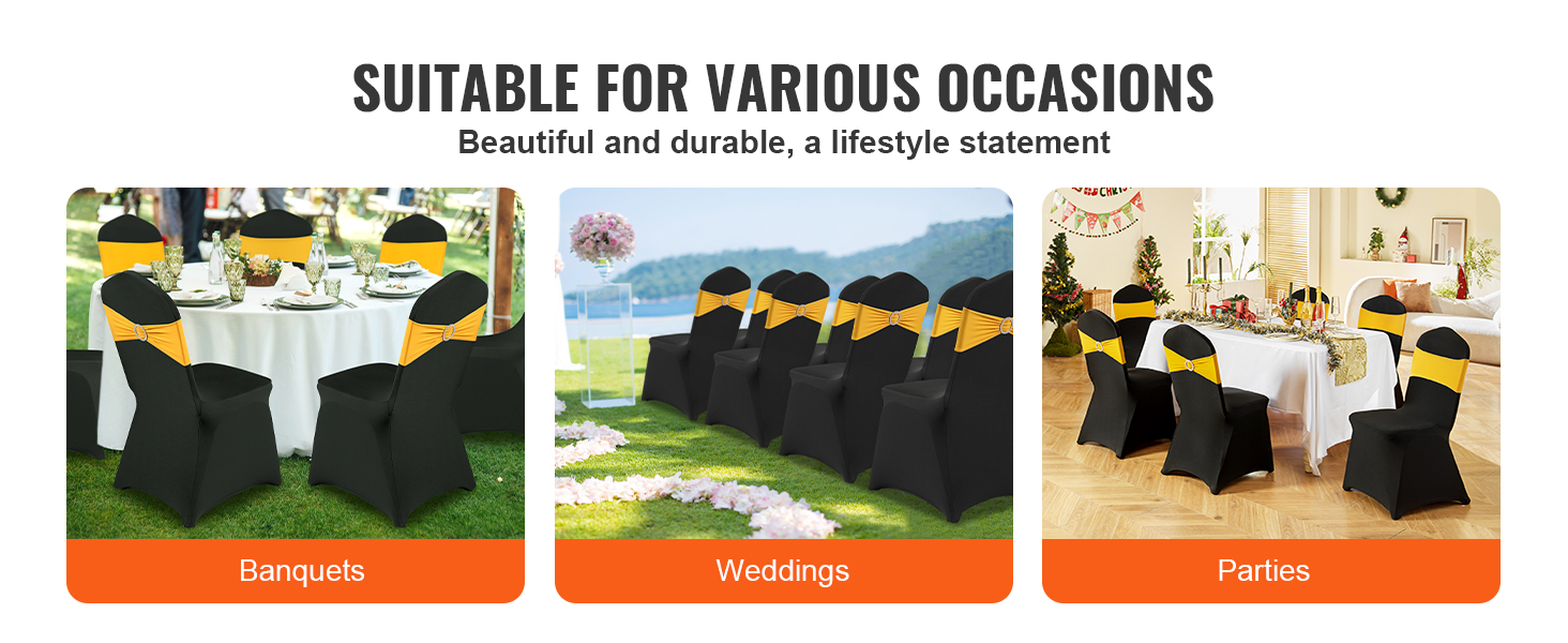 black chairs with yellow sashes by a wedding aisle, banquet table, and party setup. VEVOR chair covers.