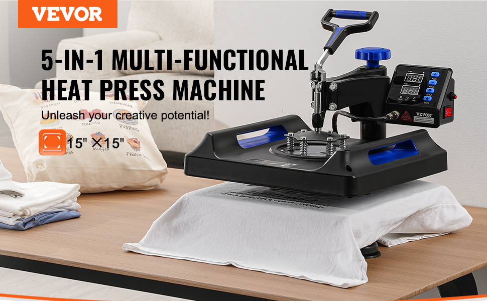 VEVOR heat press machine: 5-in-1 multifunctional 15" x 15" heat press for creative potential on shirts.