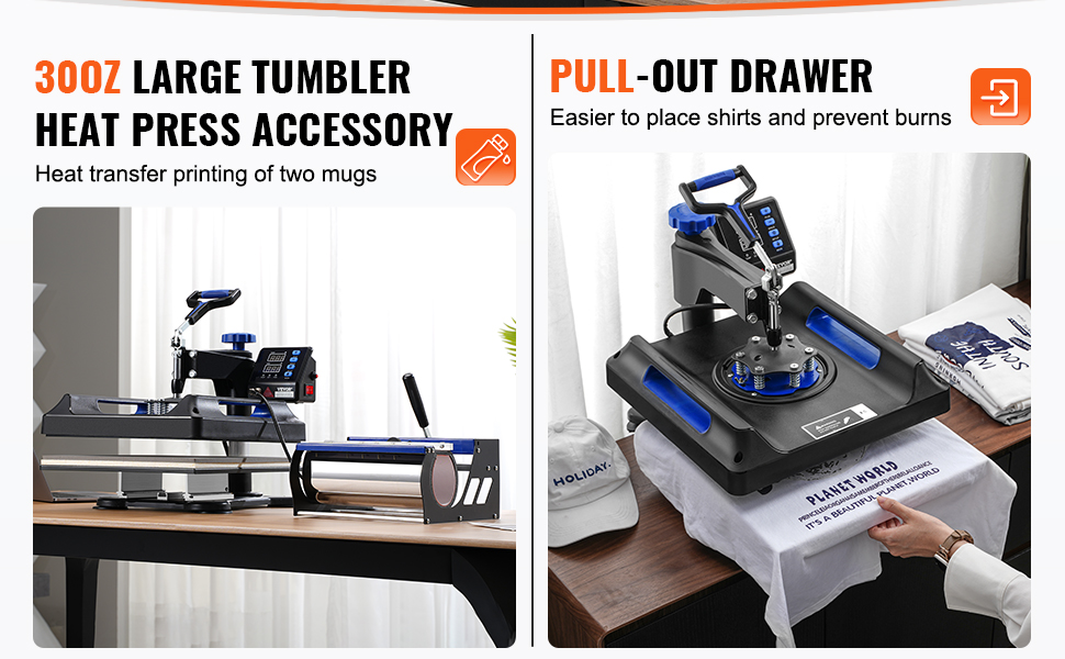 30oz large tumbler heat press accessory and VEVOR heat press machine with pull-out drawer.