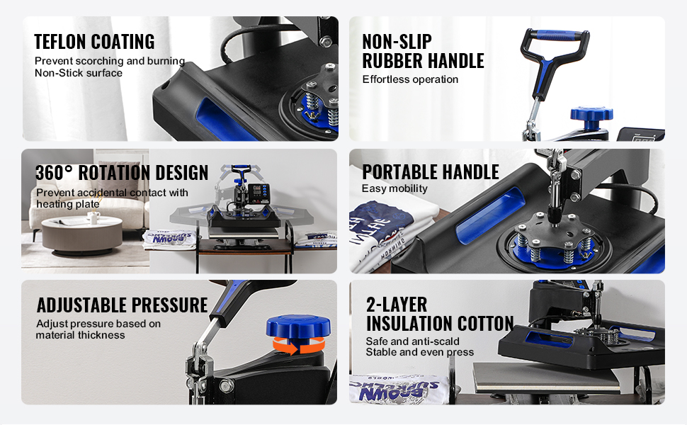VEVOR heat press machine with teflon coating, non-slip rubber handle, 360° rotation, and adjustable pressure.
