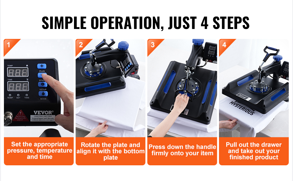 VEVOR heat press machine: simple operation guide in 4 steps for pressing items with temperature control.