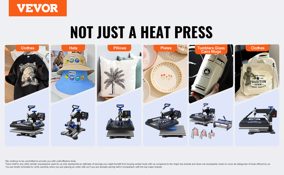 VEVOR heat press machine displaying versatility in pressing clothes, hats, pillows, plates, and mugs.