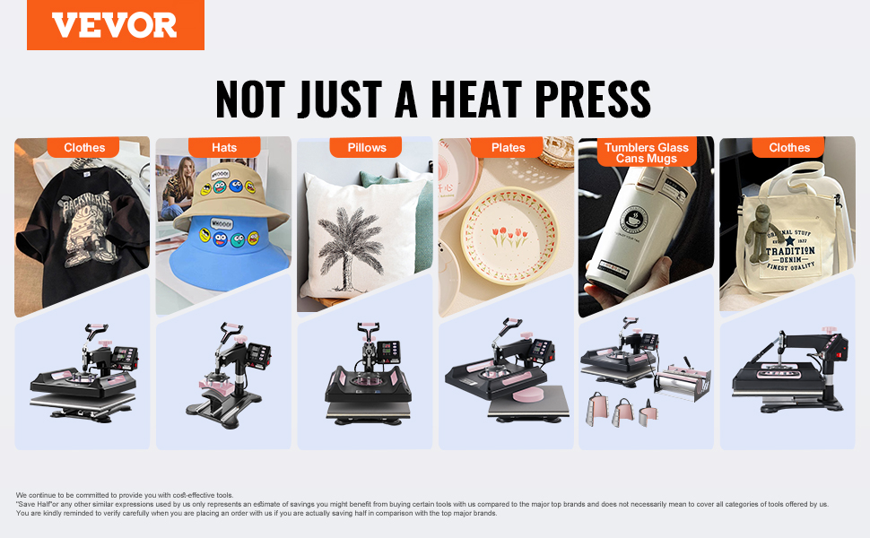 VEVOR heat press machine demonstrates versatility for clothes, hats, pillows, plates, and mugs.