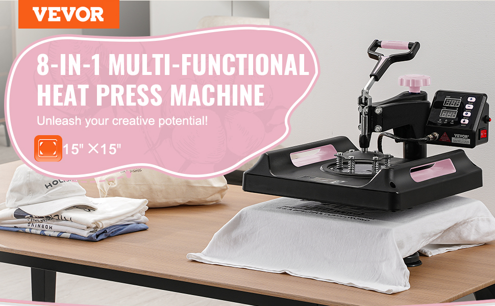 VEVOR heat press machine on a table with folded shirts, demonstrating its multifunctional capabilities.